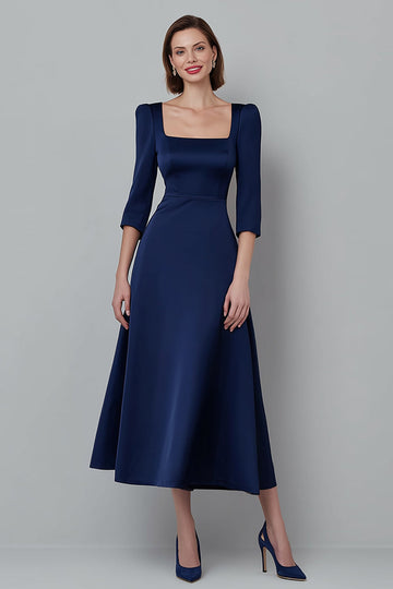 Square Neck Satin Navy A Line Midi Work Dress